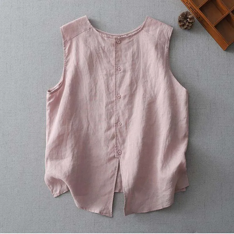 Women Summer Thin Button-Up Cotton Linen Shirts Vest Loose Big Sizes Black White Blue Pink Sleeveless Tank Tops Two Sides Wear
