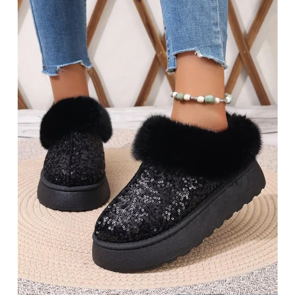 Soft Fur Women\'s Shoes Platform All-Match Round Toe Crystal Casual Female Sneakers Clogs Moccasin New Glitter Winter Snow Boots