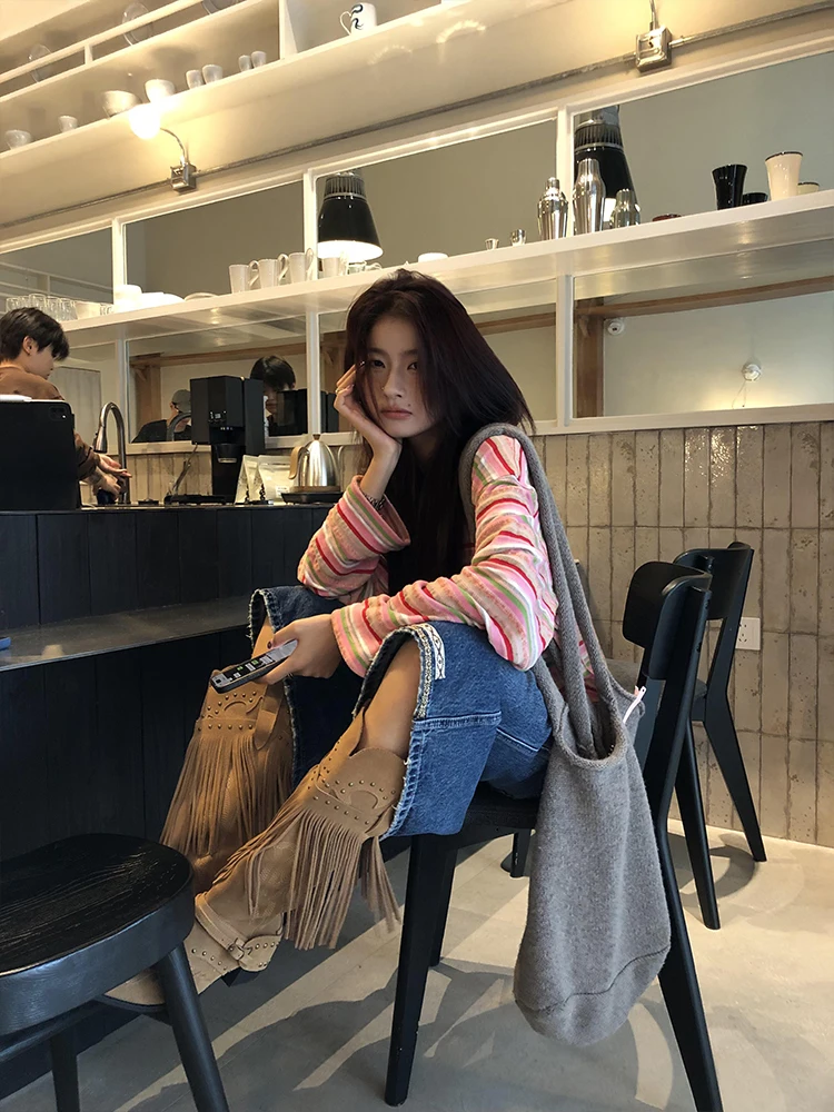 فضفاضة تناسب طويلة Sve جولة Ne تي شيرت مخطط المرأة الخريف عارضة تنوعا أعلى مريحة فضفاضة Sle Faionable