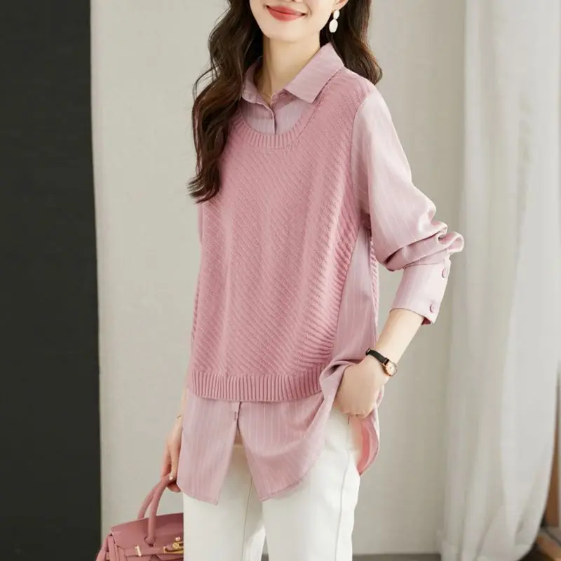 New Fashionable Loose Splicing Shirt for Women 2024 Spring Edition, Elegant and Gentle Style, Pink Fake Two Piece Knitted Shirt