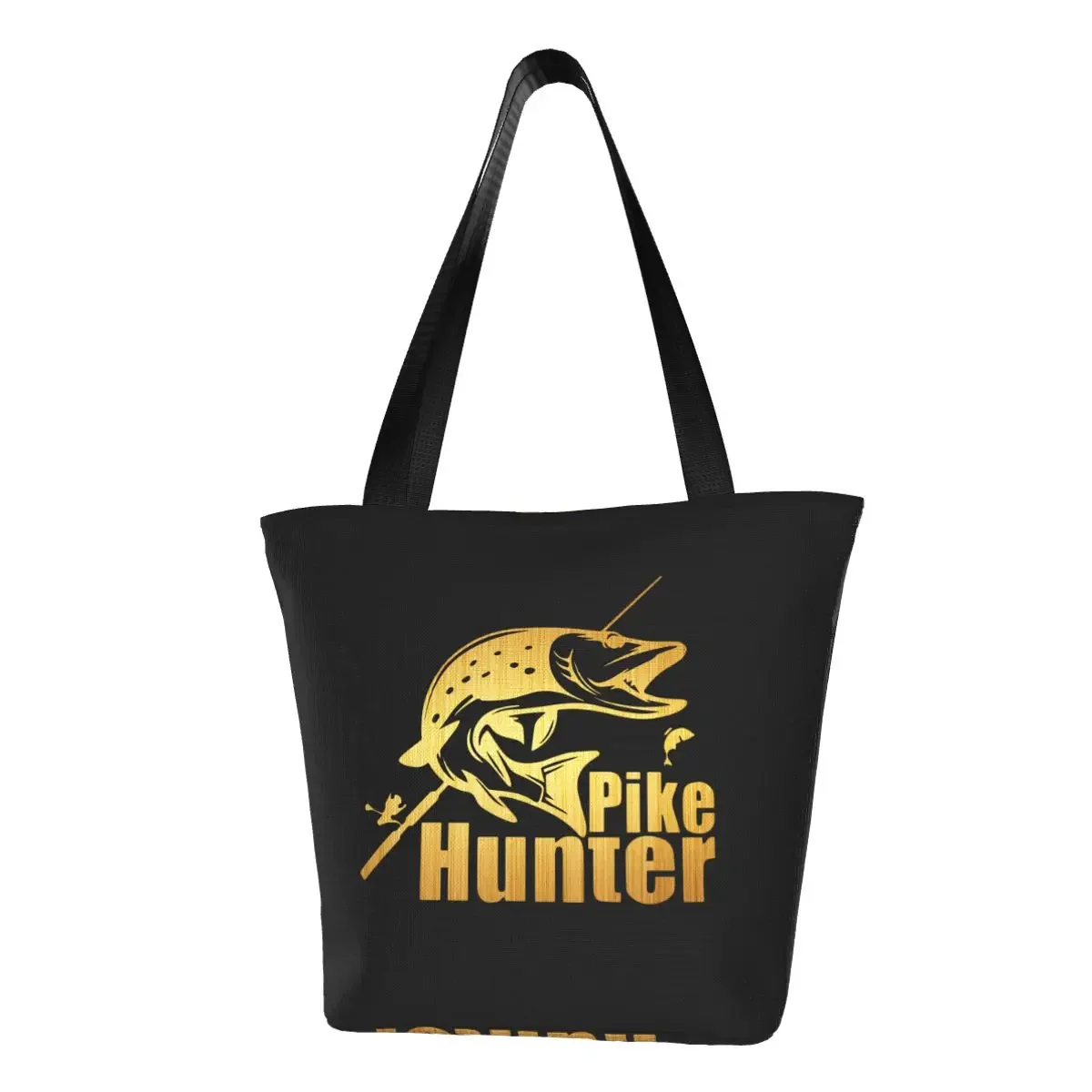 Pike Hunter Fish Groceries Tote Shopping Bag Women Custom Fishing Fisherman Canvas Shoulder Shopper Bags Big Capacity Handbag