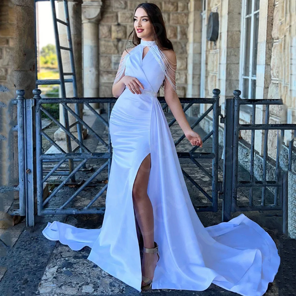 

Charming White Prom Gowns Mermaid Evening Dresses Side Split High Collar Birthday Party Dress Draped Details Robe de Soiree New