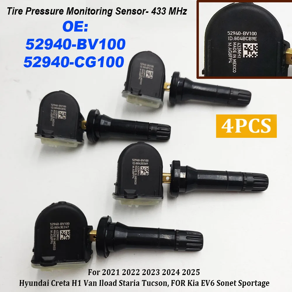 

4PCS For Hyundai Creta H1 Van H100 Tucson TPMS Tire Pressure Monitoring Sensor 433MHz 52940-BV100 52940-CG100 52940-Q3100