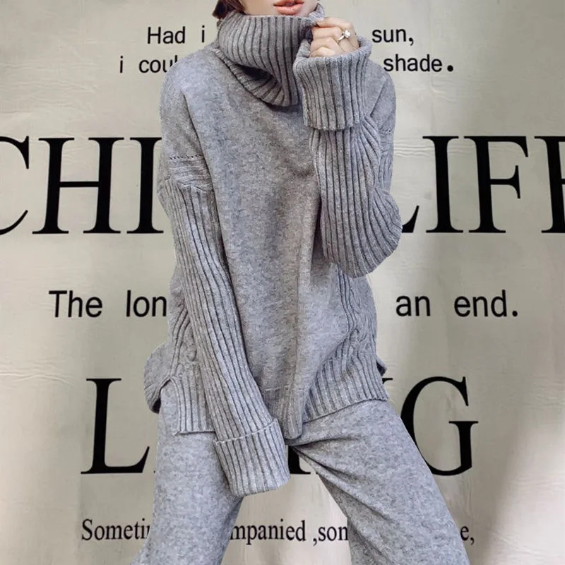 Women Winter Sweater Sets Solid Twist Jacquard Loose Pullover Top + Rolled-up Wide-leg Pants Suits Knit Trousers 2 Piece Sets