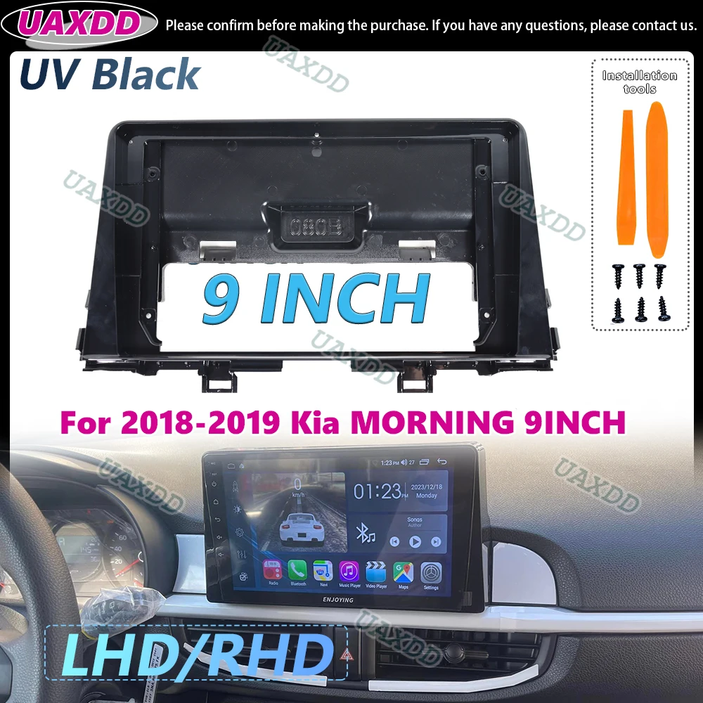 Kit de Painel de Rádio 2 Din para Carro, 9 Polegadas, Preto UV, Android, para Kia MORNING 2018-2019, LHD RHD, com Cabo e Adaptador de Vídeo para Rádio CD