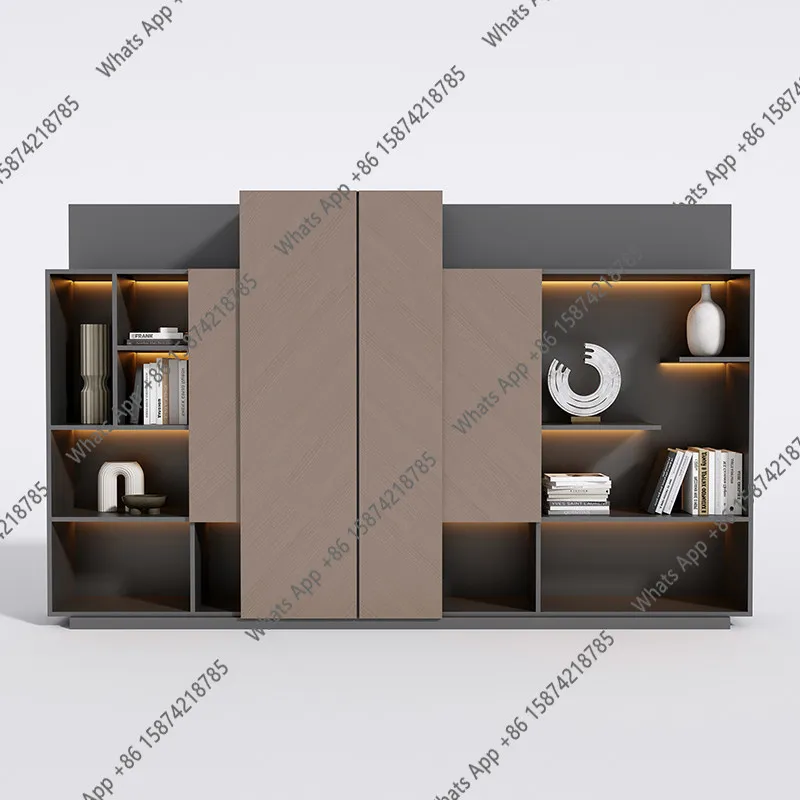 Simple modern solid wood file cabinet boss office information large bookcase display gray sandalwood color bookcase
