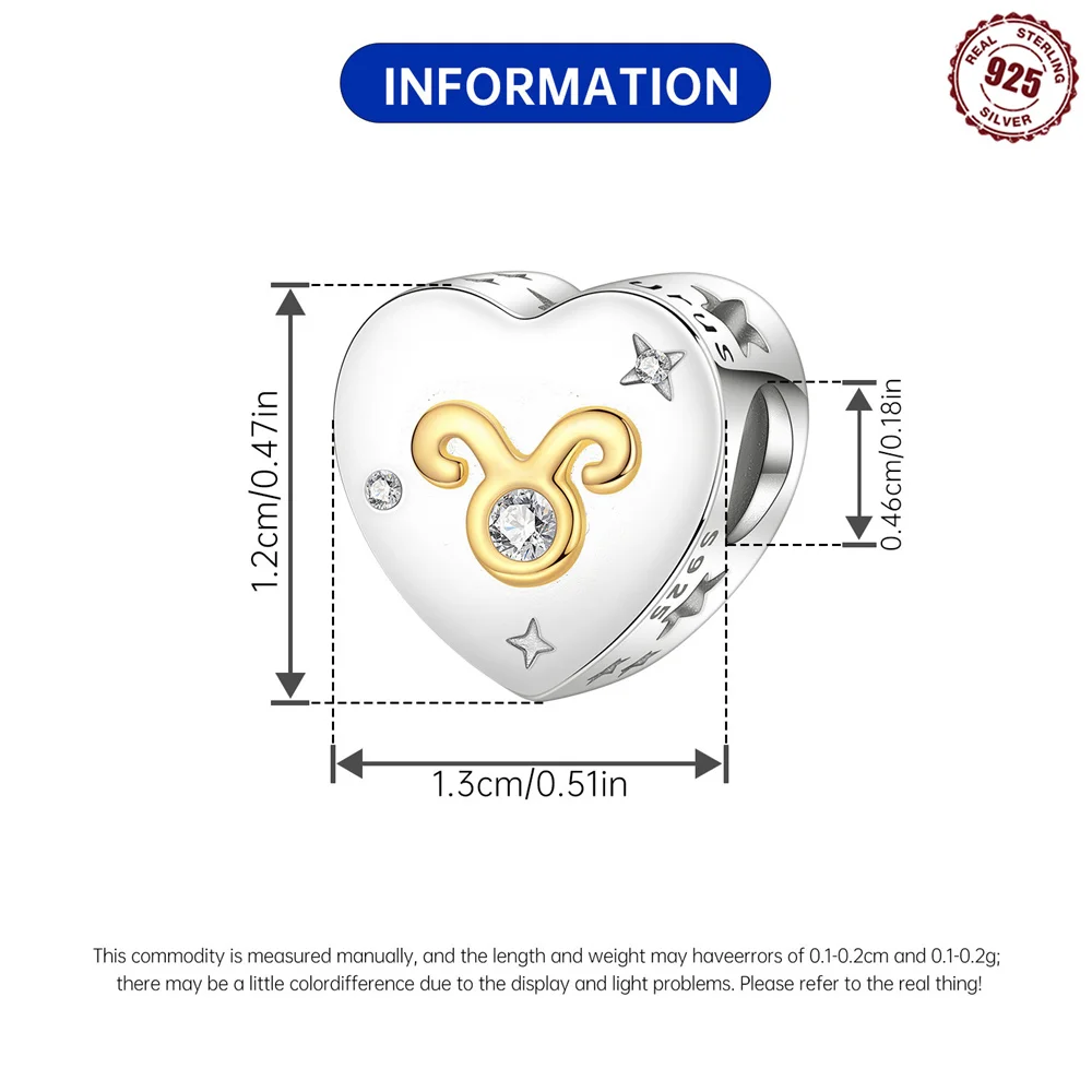 925 Sterling Silver Heart Shaped Taurus Zodiac Charm Two-Tone Gold Plated Taurus Sign beads Fit DIY Charm Bracelets Jewelry Gift