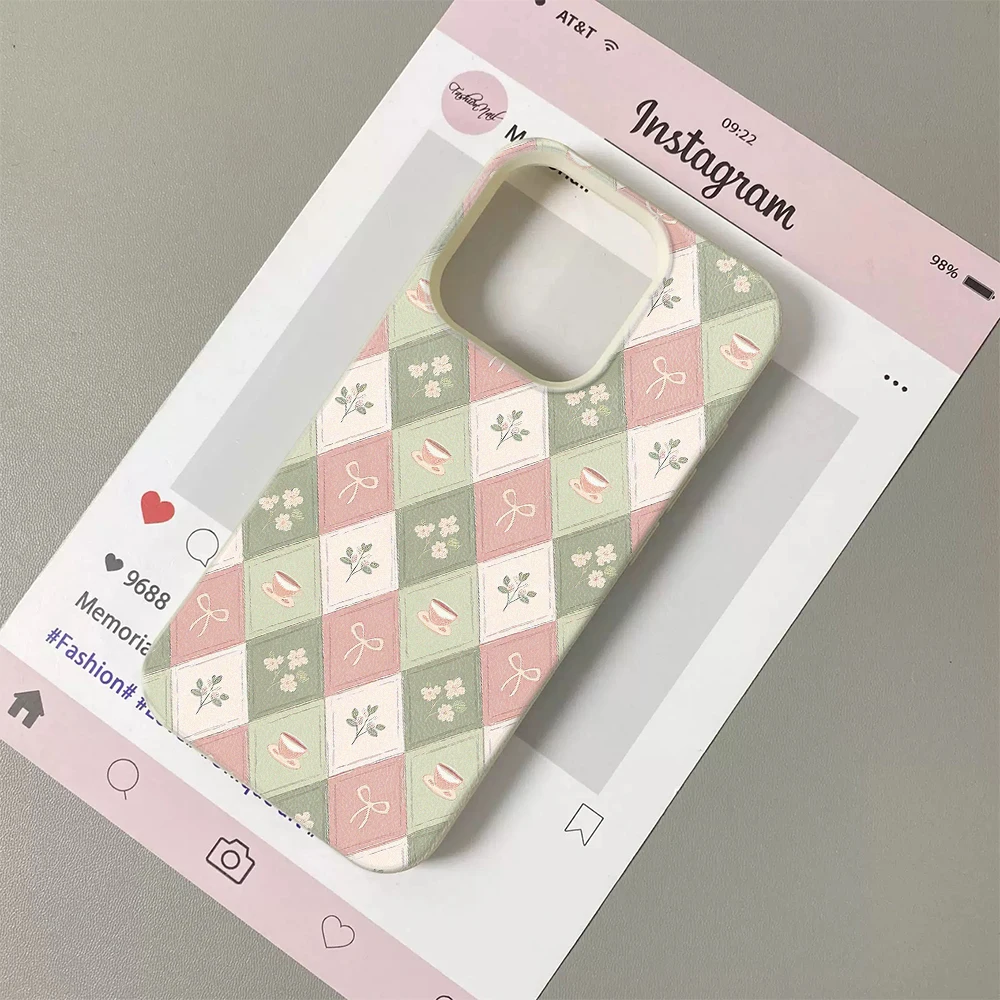Rosa-grünes Argyle-Teetassenmuster, Lichee-Leder-Handyhülle für Samsung S26 S25 S24 S23 S22 S21 S20 S10 Plus FE Ultra 4G 5G