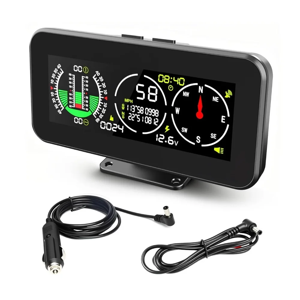 Digital HUD Level Gauge Inclinometer Tilt Angle Slope Meter GPS Speedometer MPH KMH Compass Coordinate Display for SUV