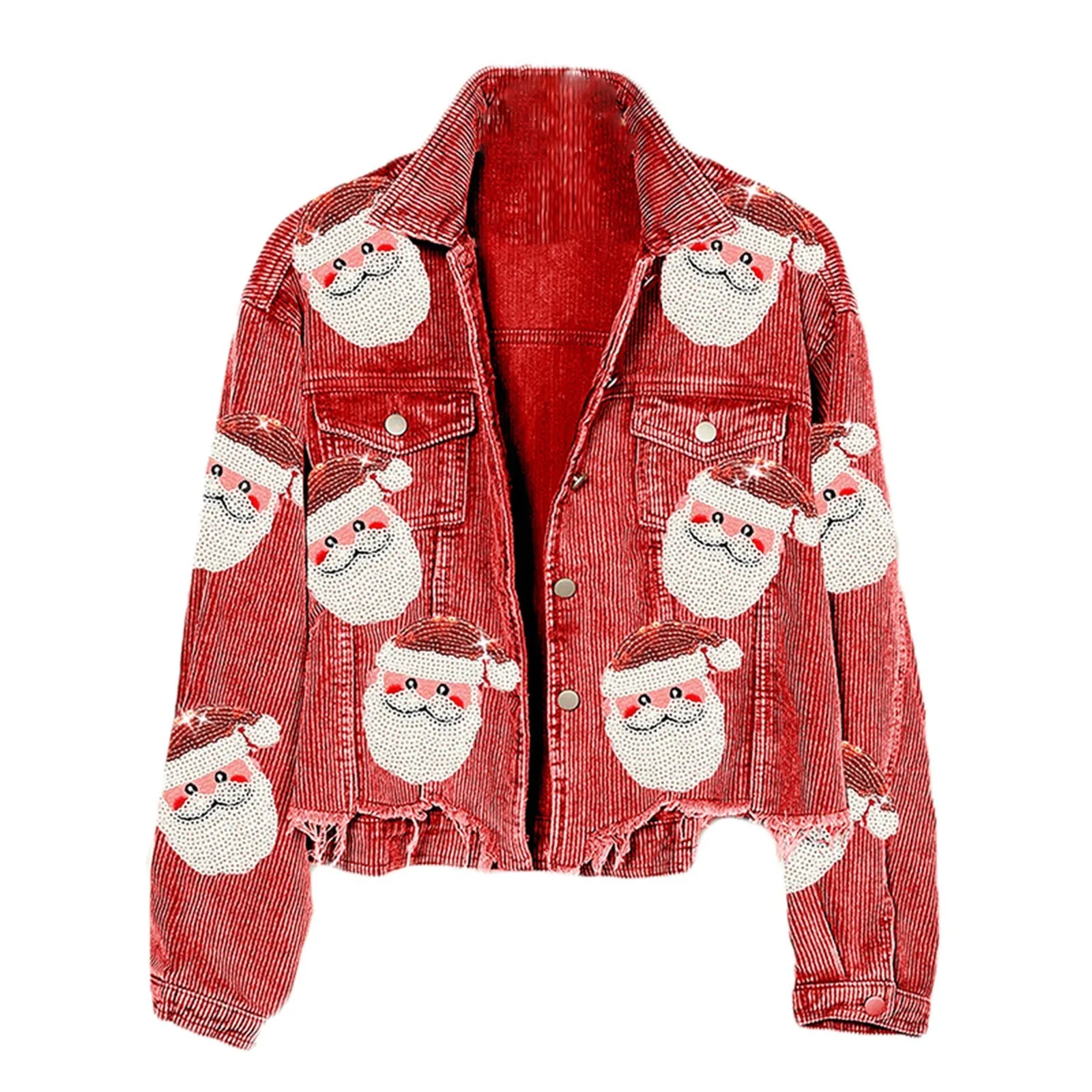 Autumn Winter Corduroy Santa Sequined Jacket Ripped Christmas Stylish Jacket Winter Lapel Button Up Short Jackets for Women