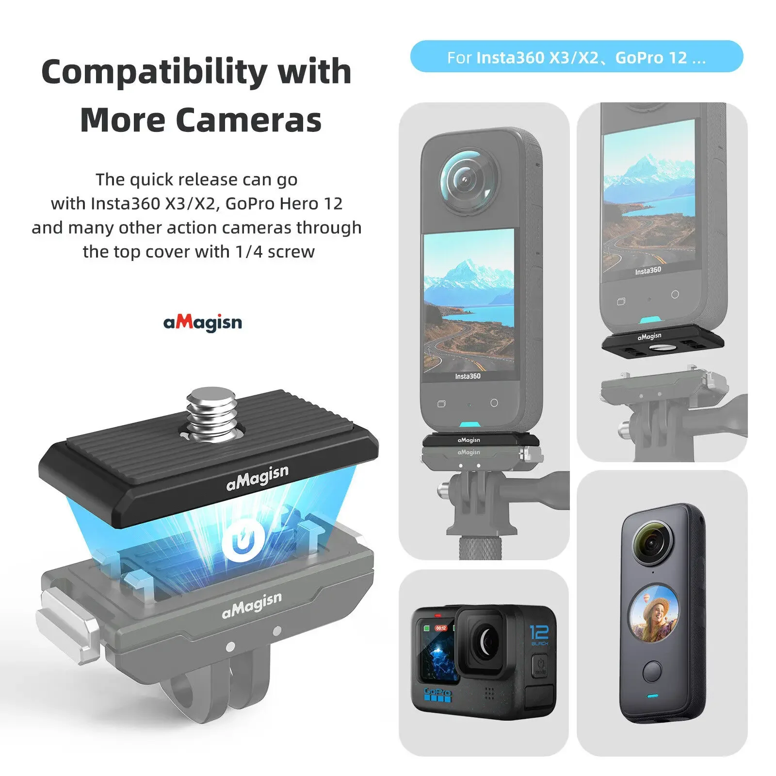 aMagisn For Insta360 AcePro Ace Metal Magnetic Quick Release For Gopro Hero 12 Action Camera Accessories