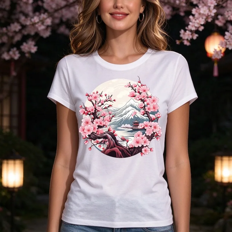 Cherry Blossom Fuji Modal Women T-Shirt Japanese Mountain Lake Round Graphic Casual Summer Fashion Tee
