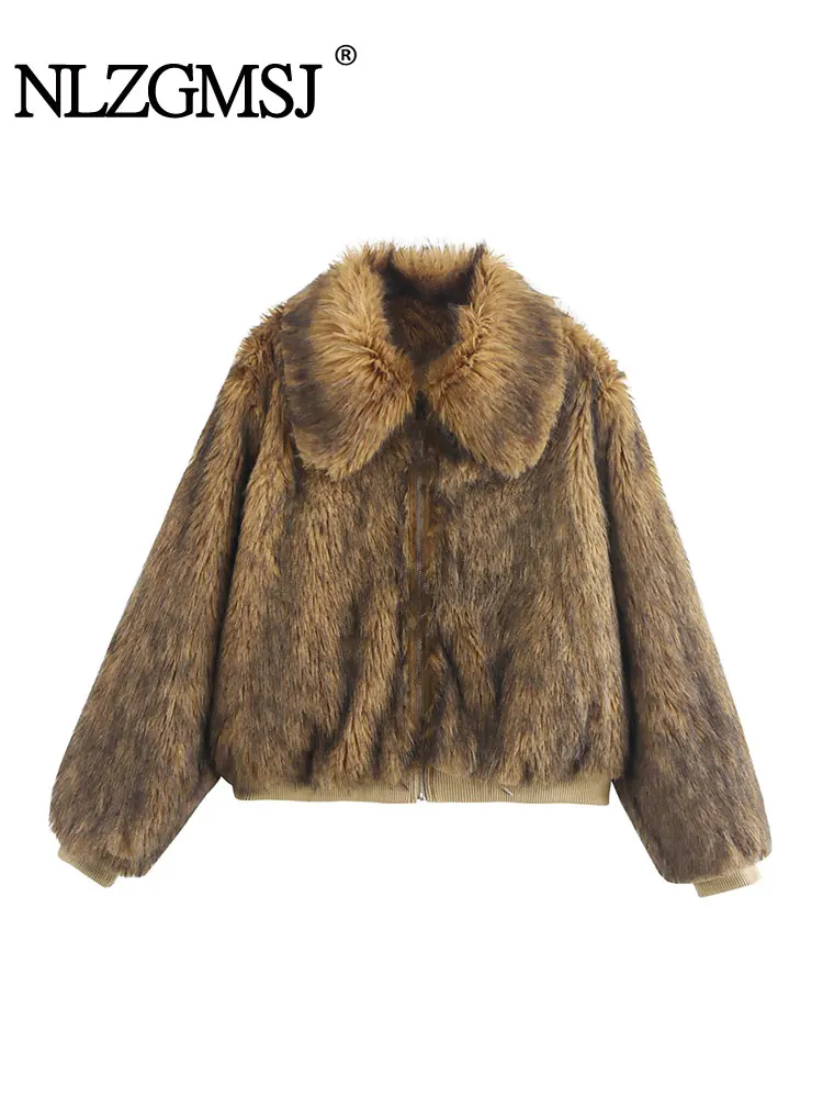 TRAF 2024 Winter Vintage Short Faux Fur Bomber Jackets for Women Fluffy Warm Coats Long Sleeve Casual Outerwears 