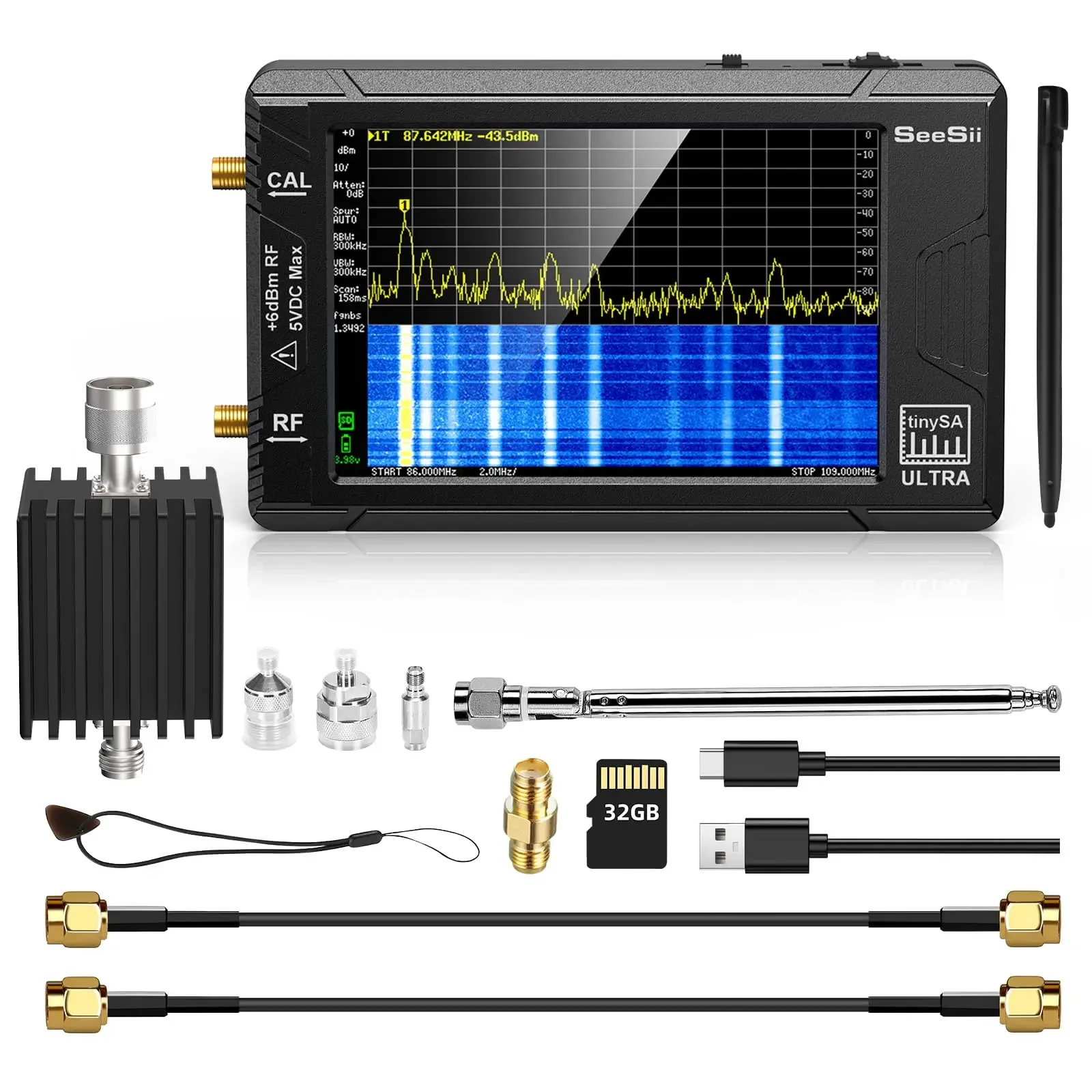 Upgraded TinySA Ultra Spectrum Analyzer with 25W Attenuator 100kHz to 5.3GHz Handheld Tiny Frequency Analyzer 32G MF/HF/VHF UHF