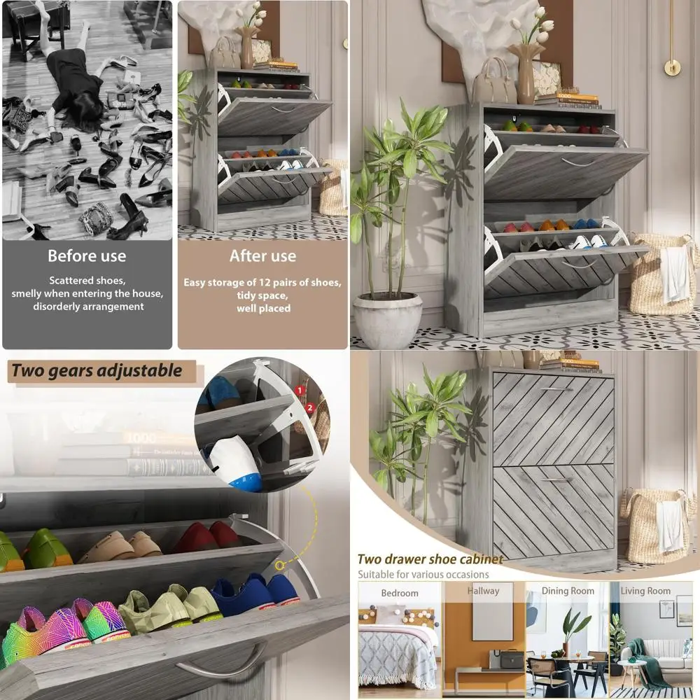 

Серый шкаф для обуви с 2 ящиками и 2-уровневой полкой, отдельно стоящий органайзер для хранения в прихожей