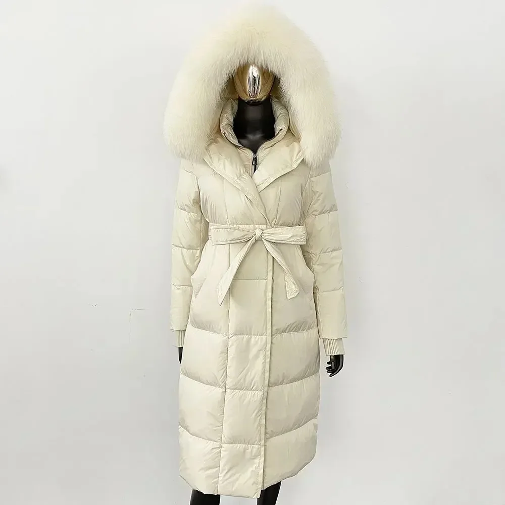 حقيقي الطبيعي الثعلب الفراء الأبيض أوزة أسفل سترة المرأة الشتاء مقنعين انفصال طوق حزام طويل عارضة أنيقة overwears أسفل معطف