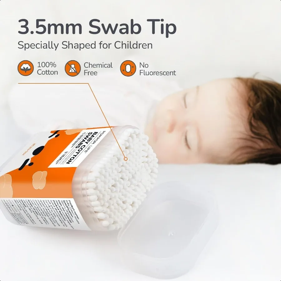 Baby-Wattestäbchen, 210 Stück, Wattestäbchen für die persönliche Hygiene, babysichere Tipps für die Ohren- und Nasenreinigung mit biologisch abbaubarer Bio