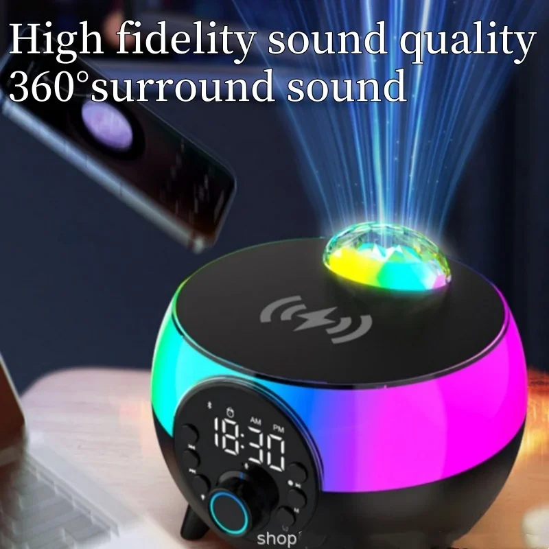 LED Lighting FM Radio All-In-One Mini AUX Input Clock Alarm ABS-Starry Sky Edition USB Wireless Charging with Bluetooth Speaker