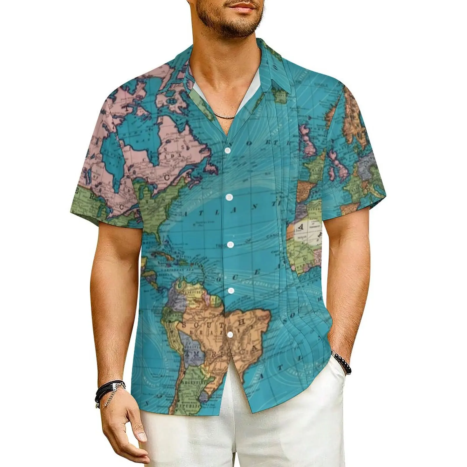 

Hawaii Shirt Beach Vintage Map Print Blouses The World 1897 Trendy Casual Shirts Male Short Sleeve Y2K Funny Oversize Tops