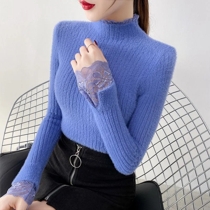 

Sweater Women's Autumn and Winter Half Turtleneck Lace Fashionable Sweater Bottoming Shirt Top