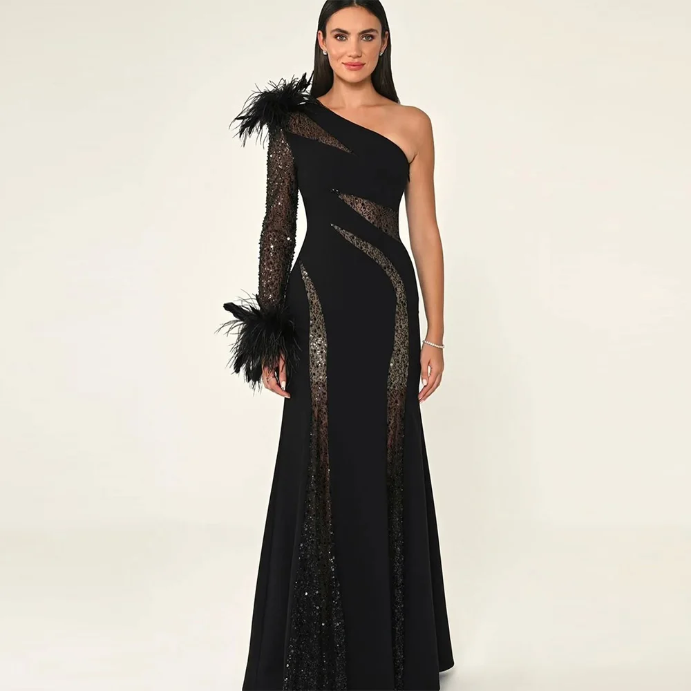 

Вечернее платье на одно плечо с длинными рукавами, элегантное платье русалки с перьями, Саудовские платья для выпускного вечера, блестящие хрустальные платья знаменитостей по индивидуальному заказу