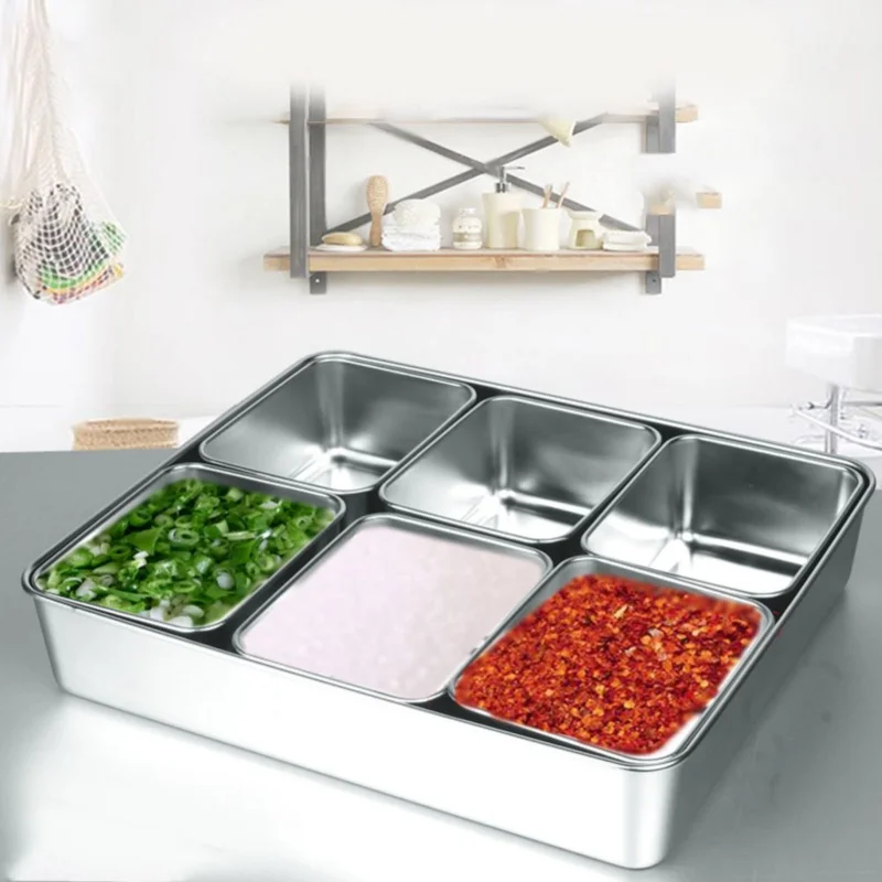 

6-Grid Stainless Steel Seasoning Box Jar Storage Container Set With Spoons Kitchen Utensils