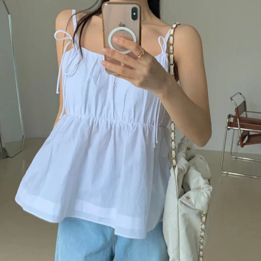 

Adjustable Pure Color Strap Vest Top Women's Shirt Korean Style Cotton Sleeveless round Neck Short Length Casual Fashion