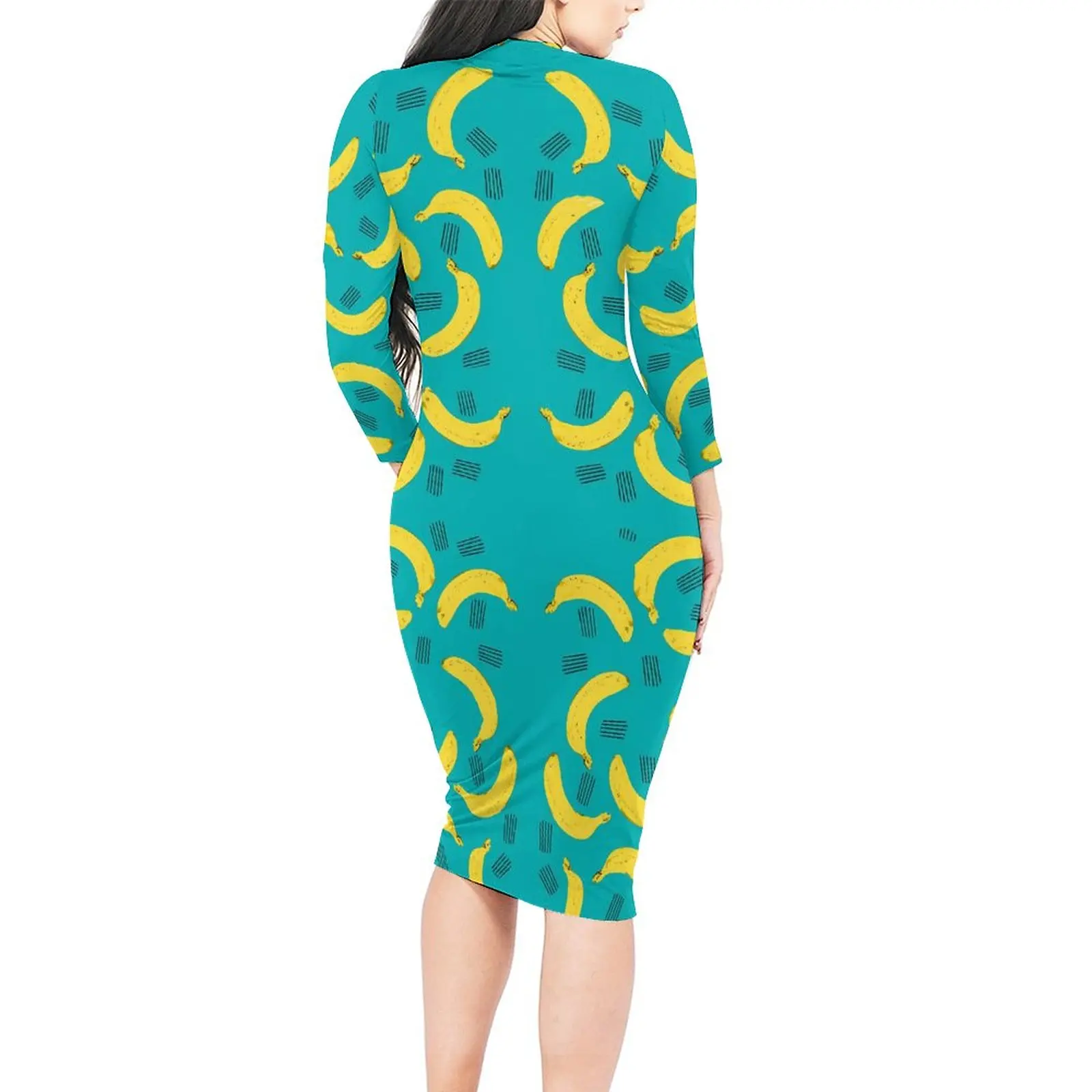 Gelbes Bananen kleid Langarm Obst druck kawaii Kleider Herbst weibliche Streetwear Grafik Bodycon Kleid große Größe 4xl 5xl