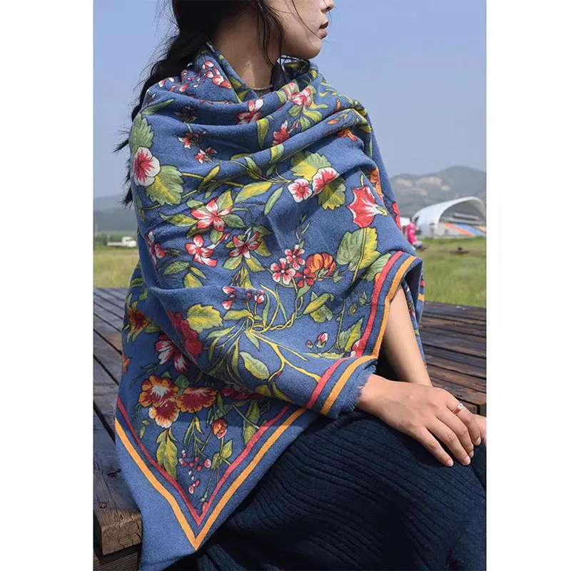 

195*130 см, цветочный узор, женский шарф из 100% шерсти, экзотический стиль, оверсайз и теплая шаль, можно носить в качестве доступа к платку.