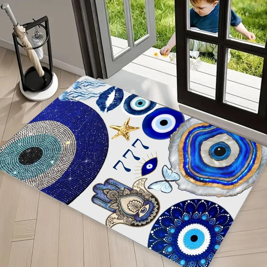 Evil Eye Mandala DOORMAT Carpet Deep Blue Background with Gold Ornate Patterns Stylish Non-Slip Floor Mat for Entryway Aesthetic
