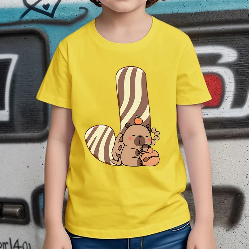 Capybara 26 Alphabet Kids T-shirt Short Sleeve Fashion Y2K Tops Letter A-Z Print T-Shirt Girls Boys Capybara Lover Gift Clothes