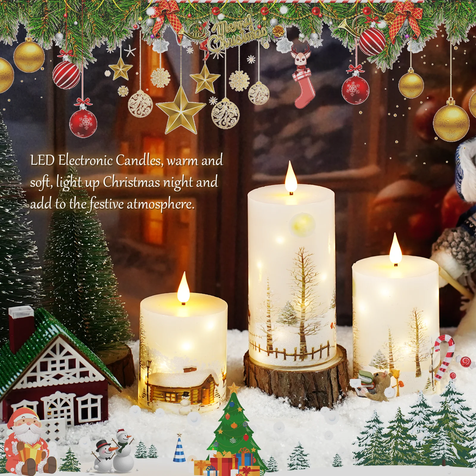 Paraffin Wax LED Flameless Candle Christmas Village Print Built in Fairy Light Christmas Decor Candle Christmas Gift Centerpiece