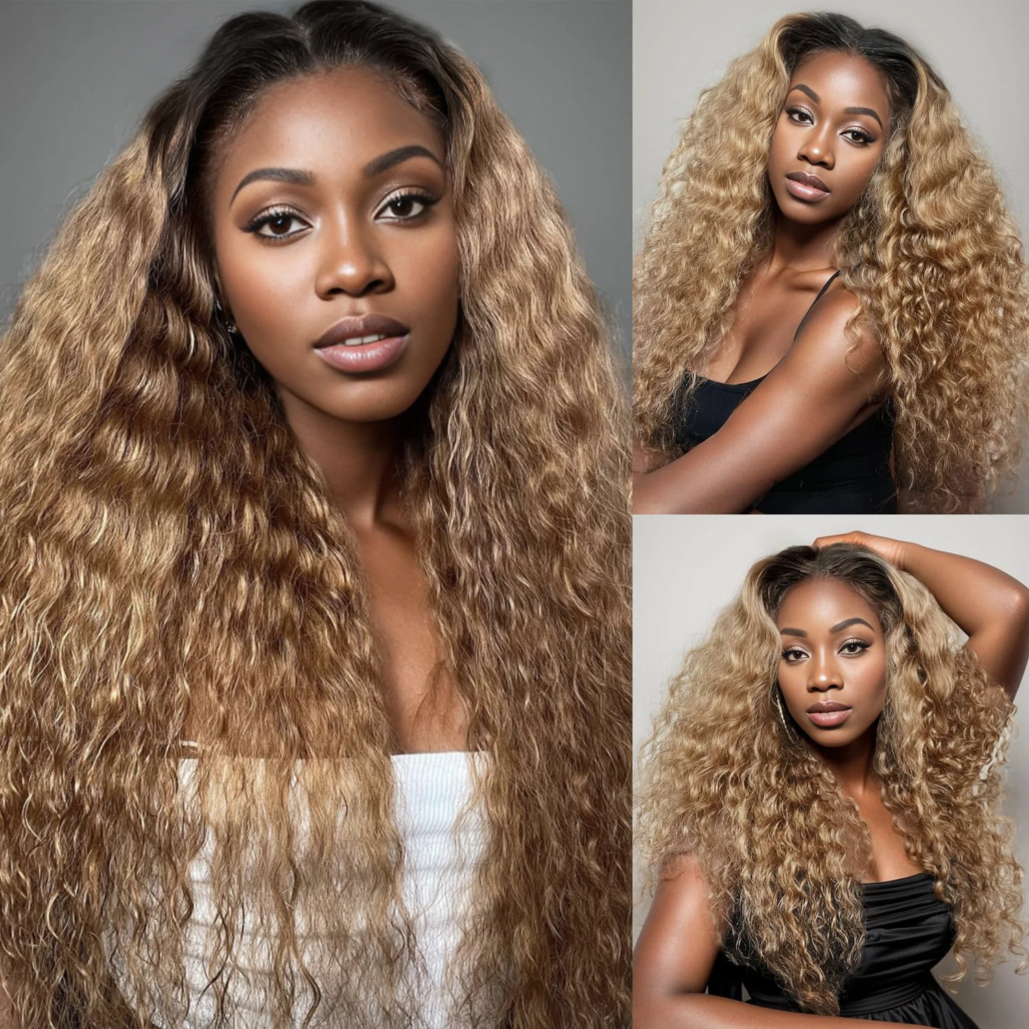 Curly Blonde Bundles Human Hair With Closure 1B/27 Ombre Human Hair Extensions For Women Colored Water Wave Bundles and Closure