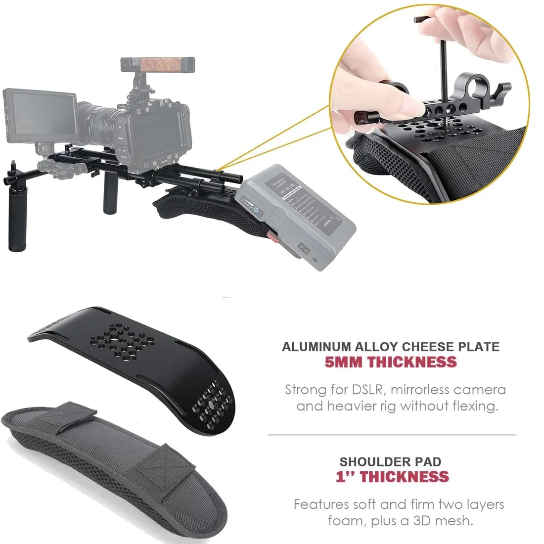 Topcine 15mm Shoulder Pad Support System for Camera Cinema Camcorder, Mount Rig with Base Plate, Rod, Handle Set