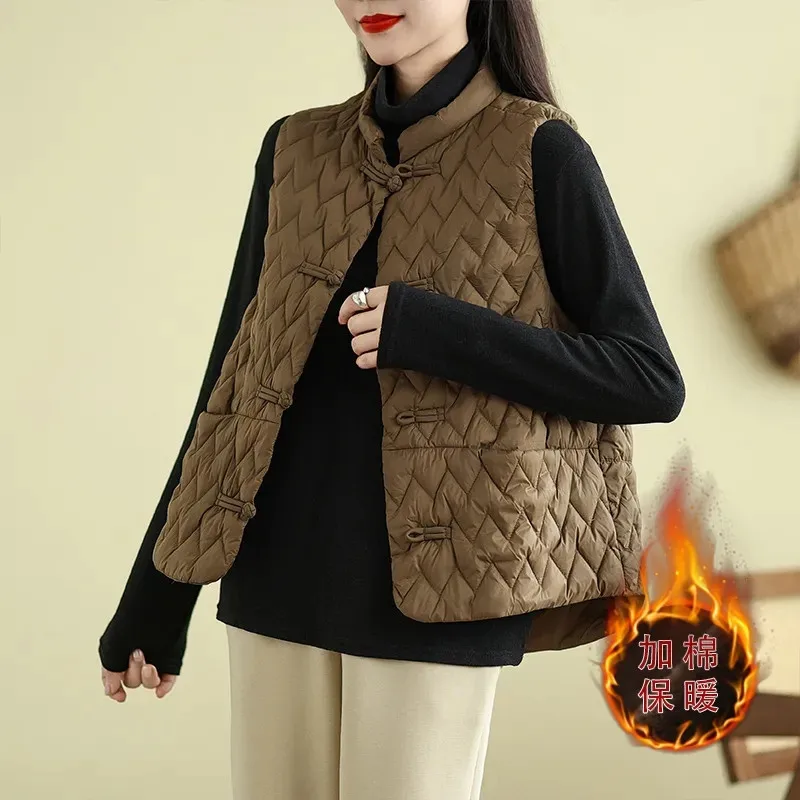 Autumn Winter New Short Down Cotton Vest Women Stand Collar Disk Buckle Warm Waistcoat Loose Sleeveless Jacket Female Tops T1672