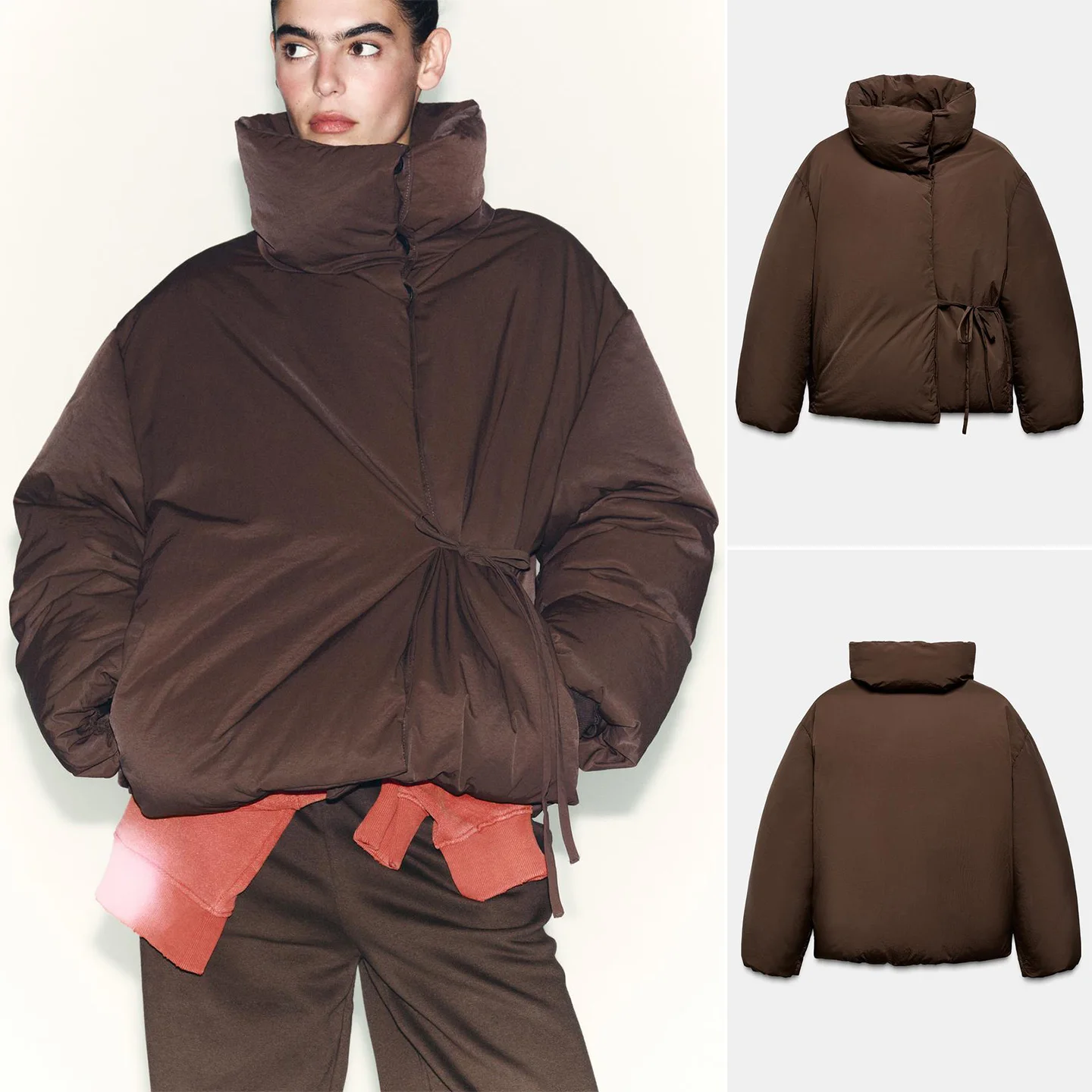 

Winter New Women's Thiened Jaet Knot Long Sve Stand Collar ort Cotton Coat Outerwear Commute Sle Loose Fit