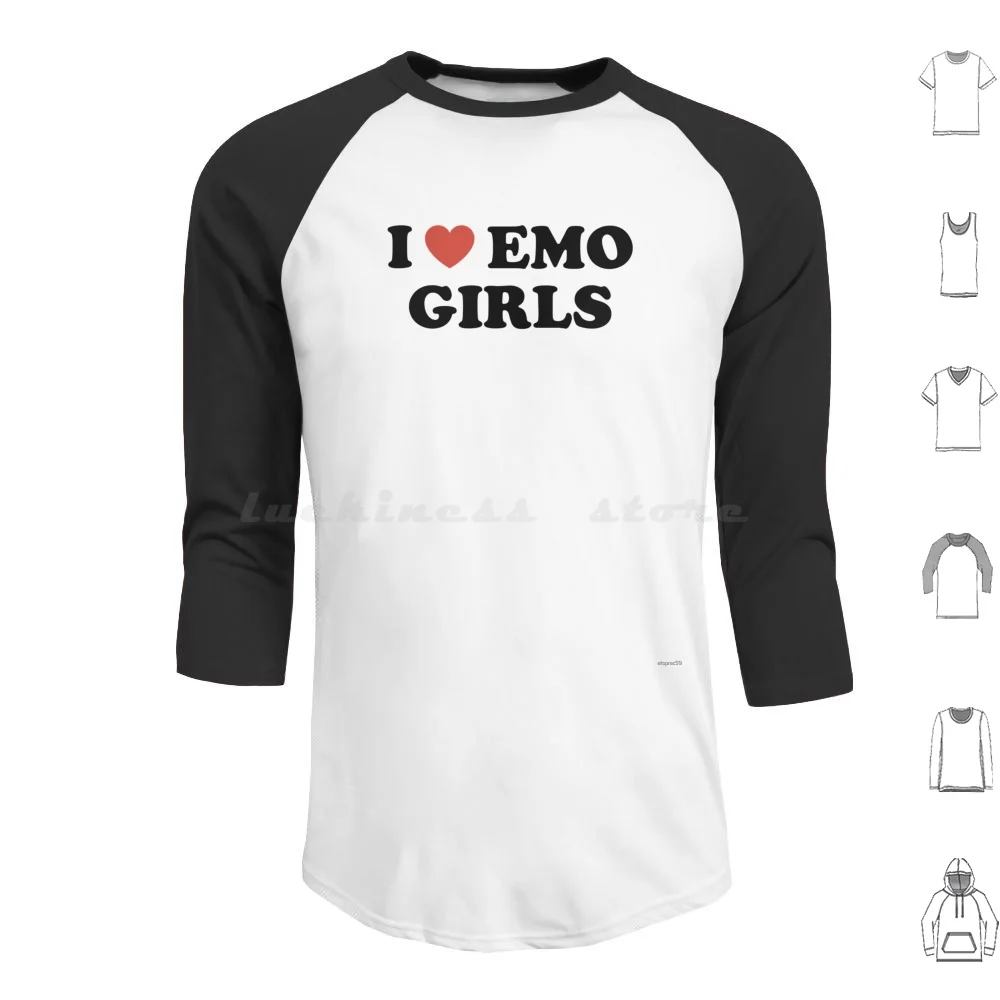 I Love Emo Girls Hoodies Long Sleeve Heart Funny Meme Joke Cute Girly Bubble Typography Goth Emo Girls Alt Grunge Women