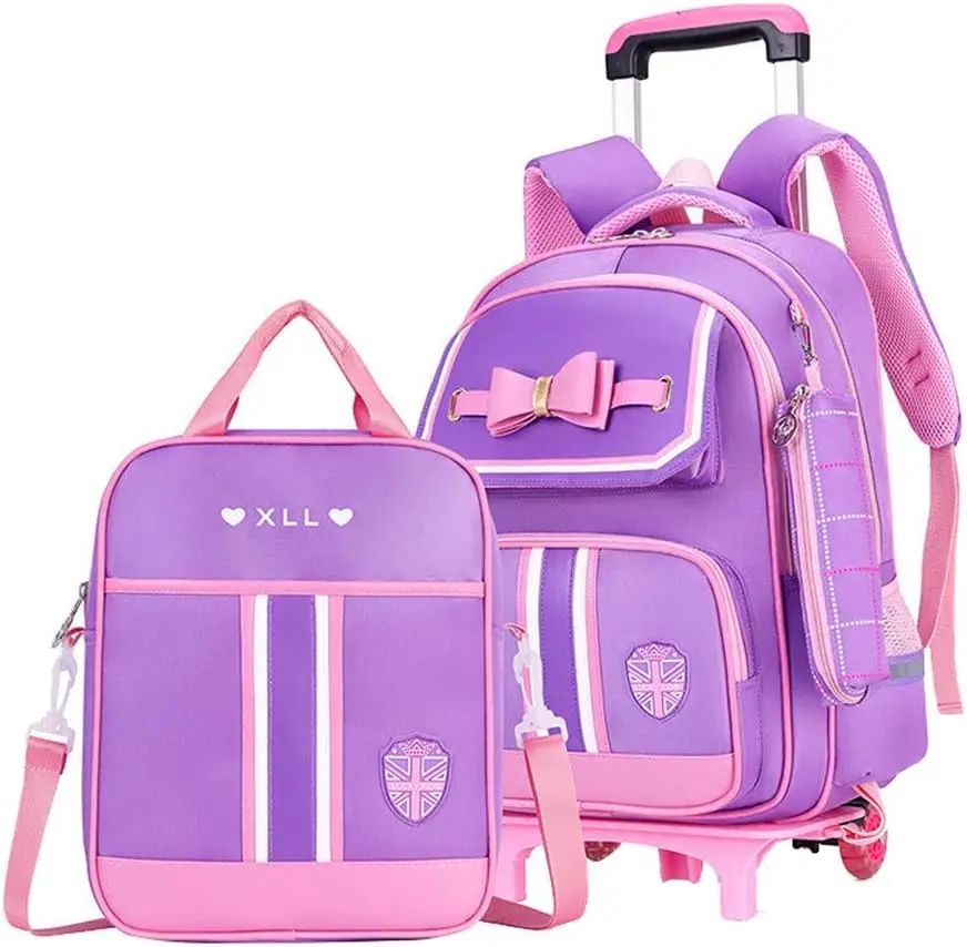 

Cute Rolling Backpack for Girls with Wheels, Trolley Bookbag and Lunch Bag, School Travel