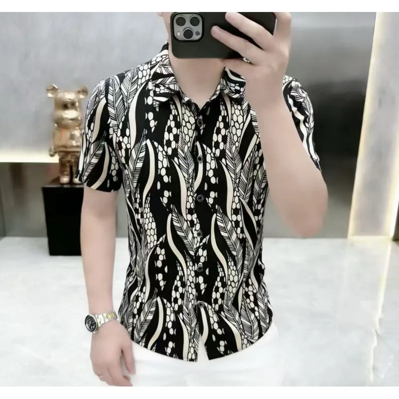 Designer Print Shirts For Men Short Sleeved Polyester Blend Silky Summer Quality Coolness Anti-Wrinkle Fashion Camisas De Hombre