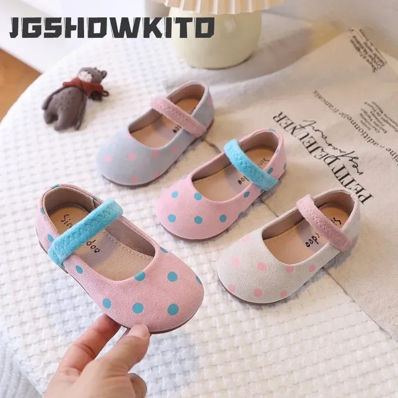 Spring Autumn Girls Princess Flats Cute Dots with Elastic Band Fashion Princess Kids Shoes Soft Classic Slip-on Non-slip Sweet