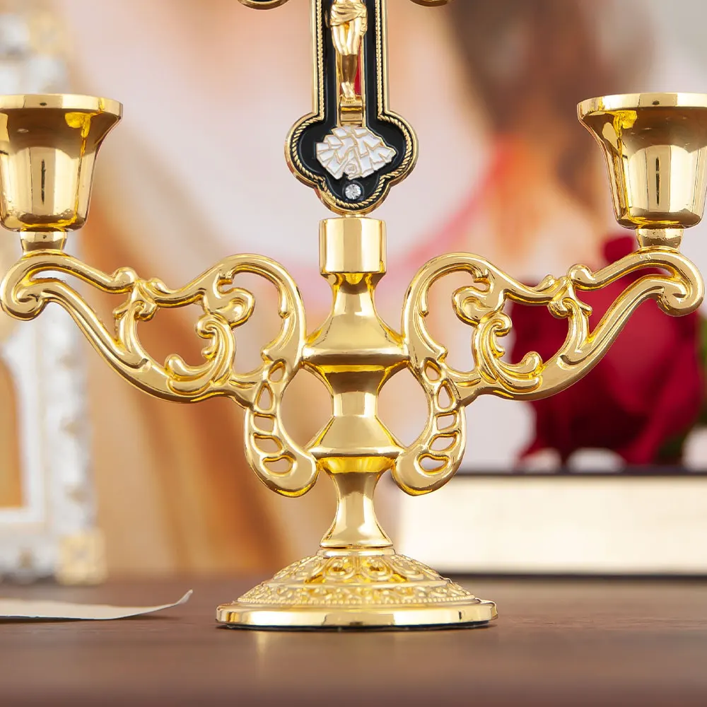 HTISOK Orthodoxer Kreuz-Kerzenhalter, Jesus-Kerzenhalter, vergoldeter Kerzenhalter aus Zinklegierung, Kirchenbedarf, religiöses Geschenk – Detail 3