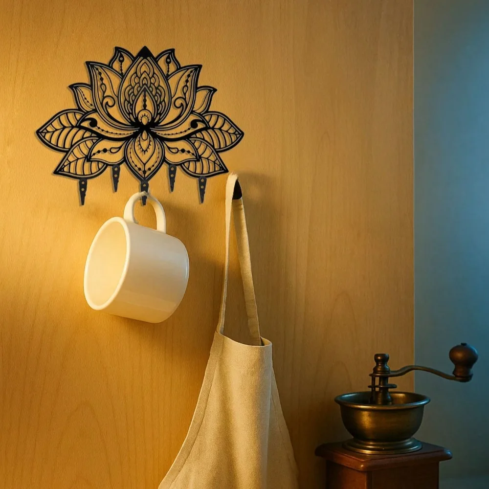 ロータス壁掛けキーホルダー - コートフックと帽子掛け付きのスタイリッシュな玄関オーガナイザー、鍵やバッグ用のモダンなゴールド/ブロンズシェルフ