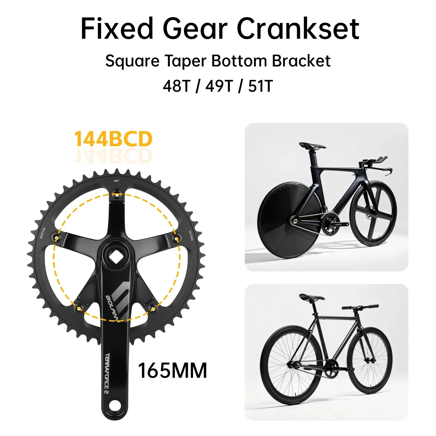

BOLANY Fixed Gear Bike Crankset Square Taper Bottom Bracket 49T/50T/51T Chainring, Aluminum Alloy 165mm Crank Arm 144BCD