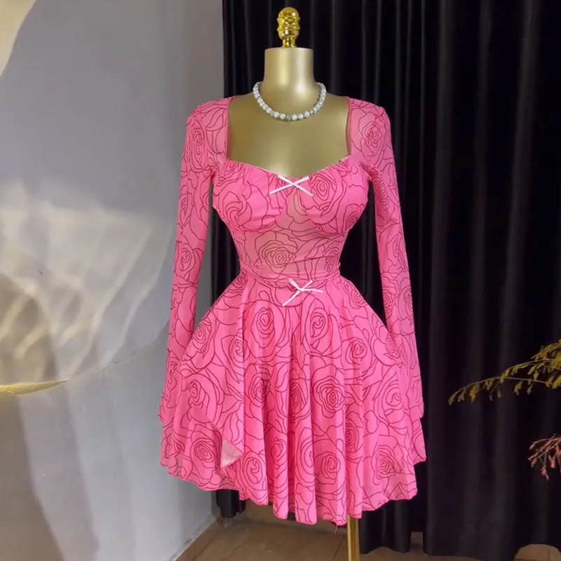 

Сексуальное мини-платье для вечеринок в ночном клубе, женское платье с длинными рукавами, квадратным воротником, цветочным принтом, завышенной талией, асимметричное, А-силуэта, Vestidos