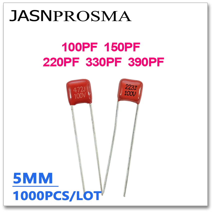 

Конденсатор JASNPROSMA CBB, шаг 100 В, 5 мм, 1000 шт., 100PF 150PF 220PF 330PF 390PF 101J 151J 221J 331J 391J DIP 5% CBB21 CBB22