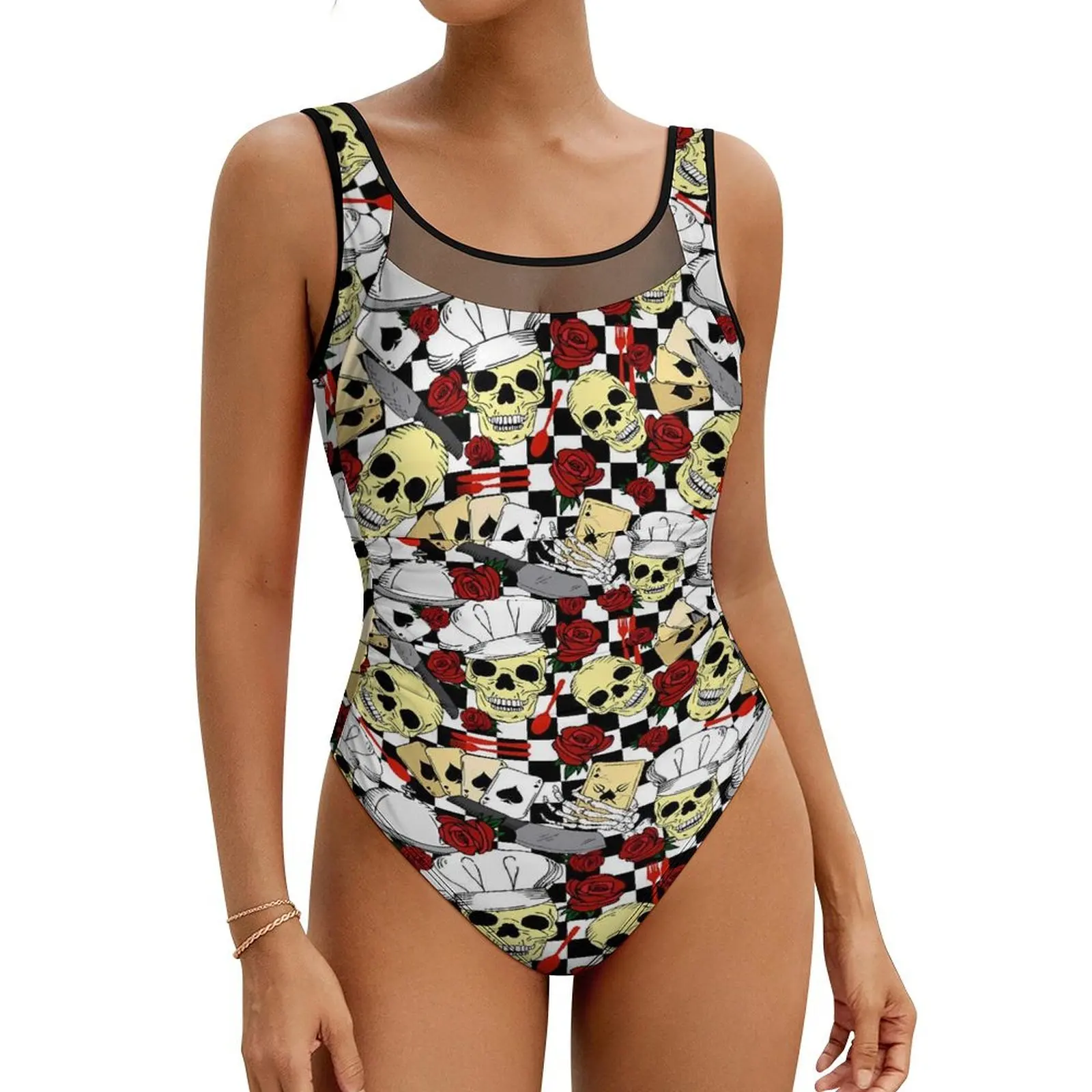 Cool Skull Swimsuit Black White Checkerboard One Piece Swimwear Push Up Trendy Bathing Suit Sexy Holiday Rave Design Bodysuit