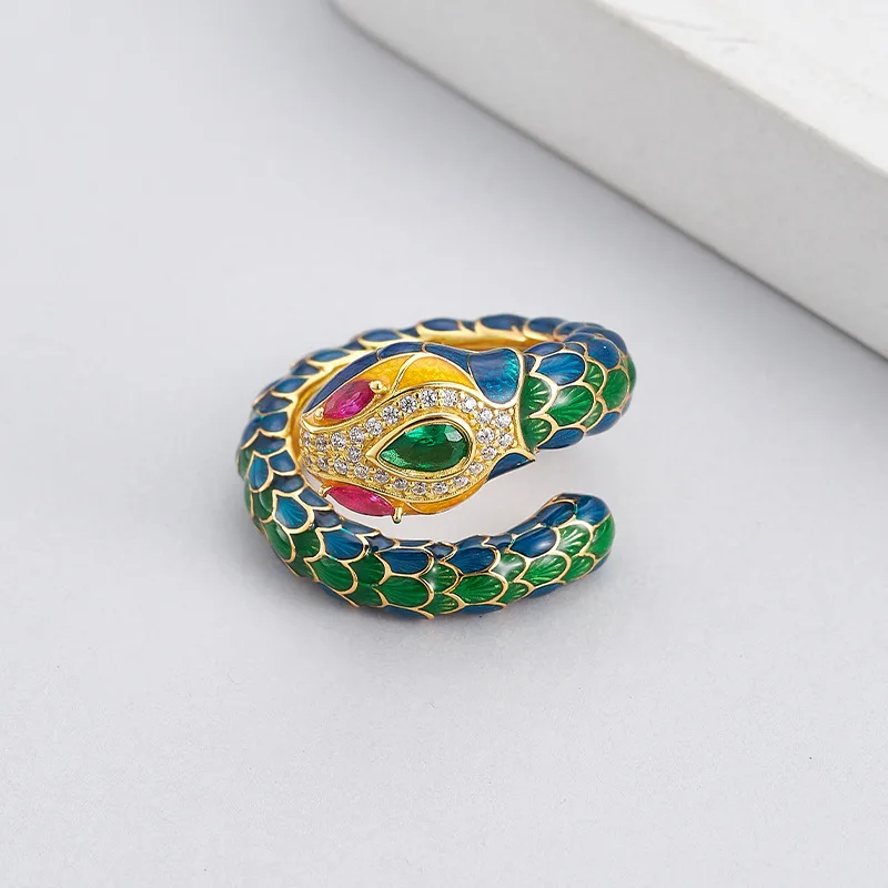 S925 Sterling Silver Charm Rings for Women Men Classic Enamel Zodiac Spirit Snake Inlaid Zircon Fashion Jewelry Wholesale