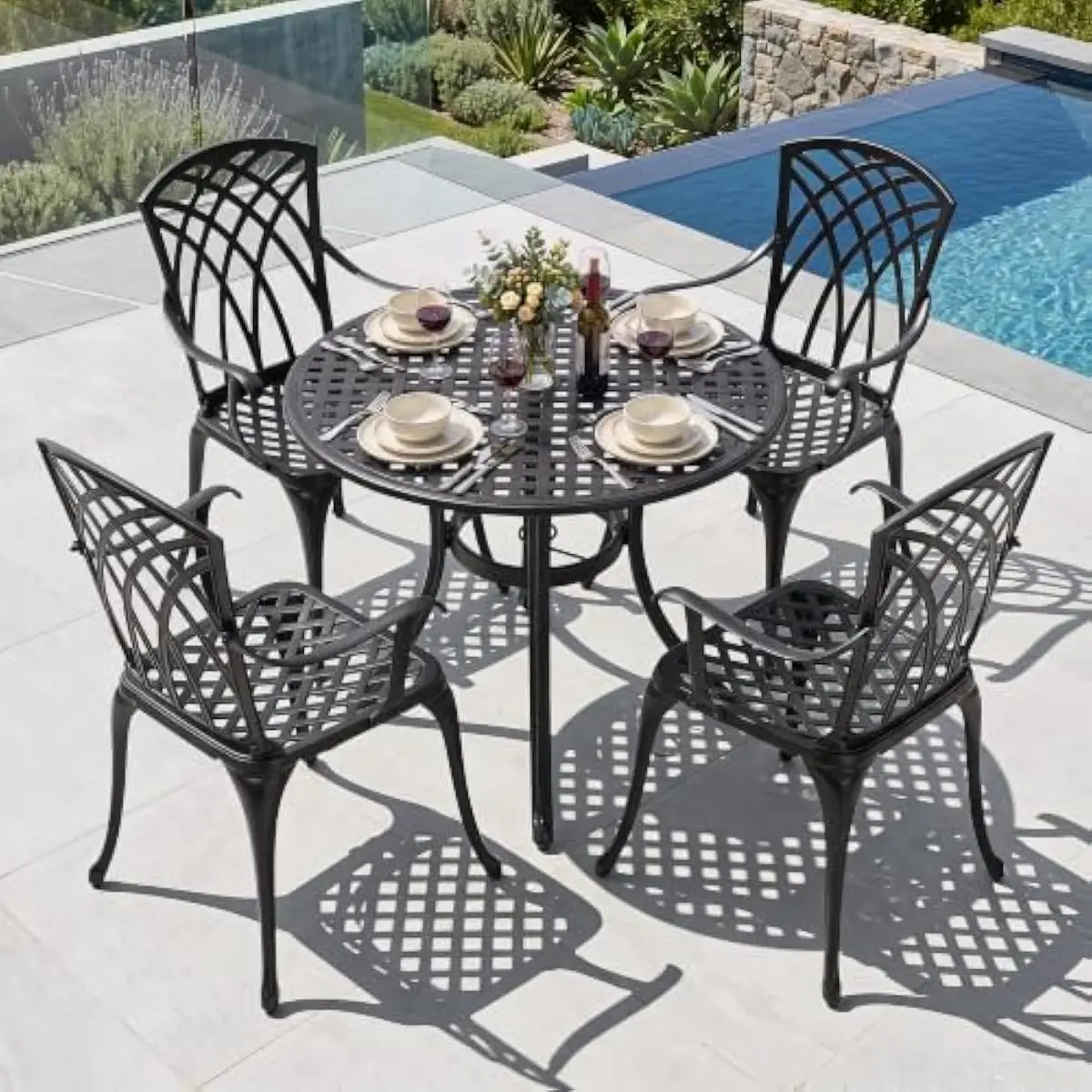 5-Piece Round Patio Dining Ensemble Featuring Rust-Resistant Cast Aluminum Construction Umbrella Hole Integrated Table Ergonomic