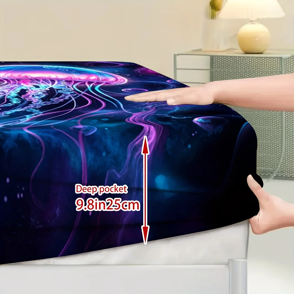 1pc Fitted Sheet Purple Jellyfish Cat 3D Printed 100% Polyester Cover Breathable Bedding Set Home Decor without Pillowcases