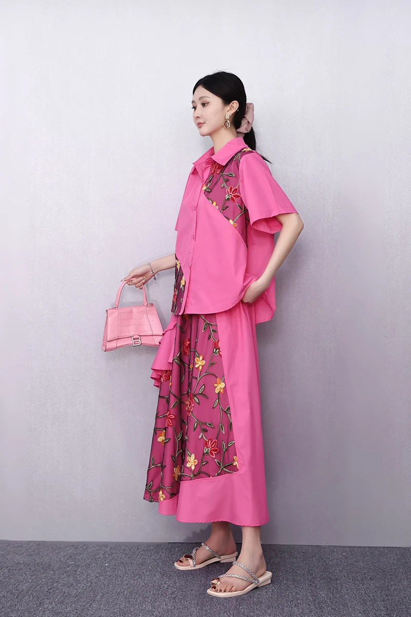 2025 봄 여름 신상 우아한 자수 반팔 상의 여성 루즈핏 롱 스커트 투피스 세트 여성 J1074